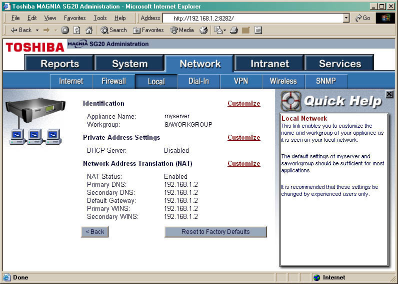 Admin Page - Network -> Local