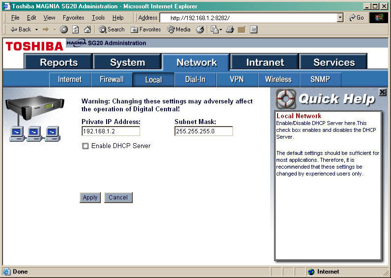 Admin Page - Network -> Local: Private IP Address